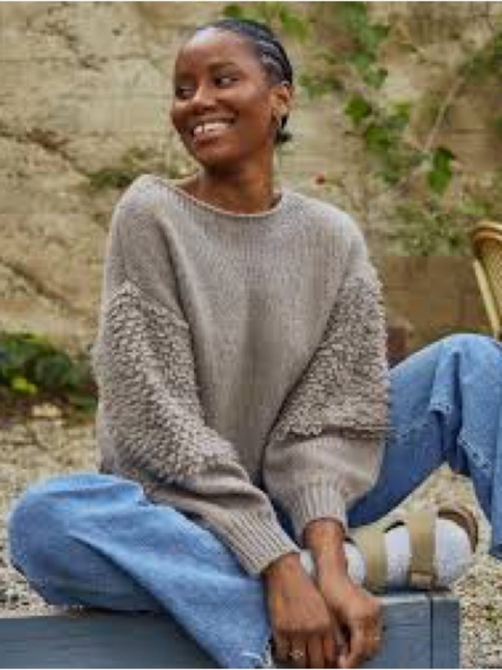 SELF CONTRAST Cozy Bubble Sleeve Crewneck Sweater in Taupe